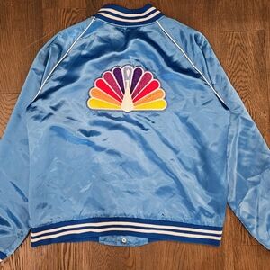 80s NBC Blue Satin Button Up Men's Embroidered Peacock Bomber Size Large